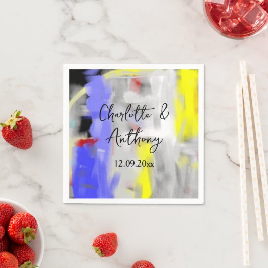 Serviette En Papier Mariage Créatif Art Abstrait Bleu Jaune Blanc (En situation)