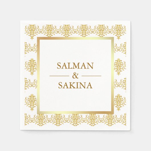 Serviette En Papier Mariage damassé blanc et or (Devant)