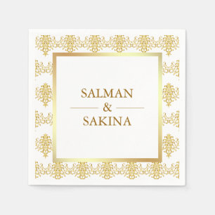 Serviette En Papier Mariage damassé blanche et or