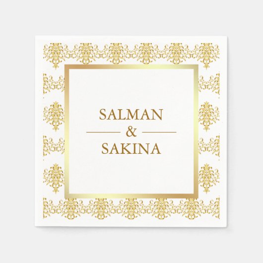 Serviette En Papier Mariage damassé blanche et or (Devant)