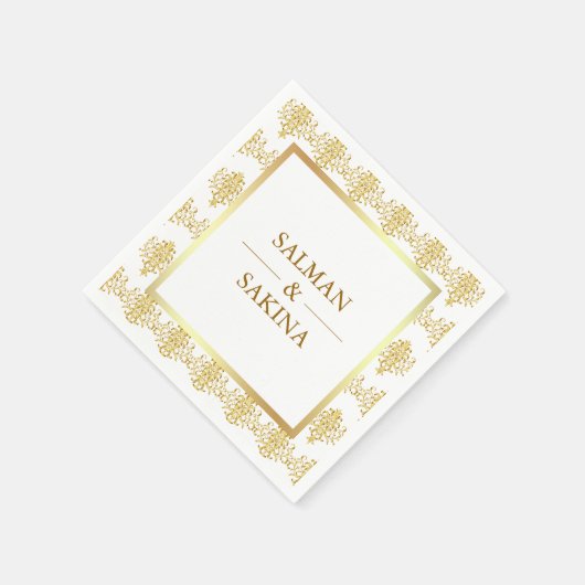 Serviette En Papier Mariage damassé blanche et or (Coin)