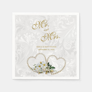 Serviette En Papier Mariage Damassé Cœurs et Fleurs de Perle