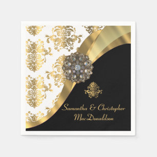 Serviette En Papier Mariage damassé traditionnelle blanche, noire et o