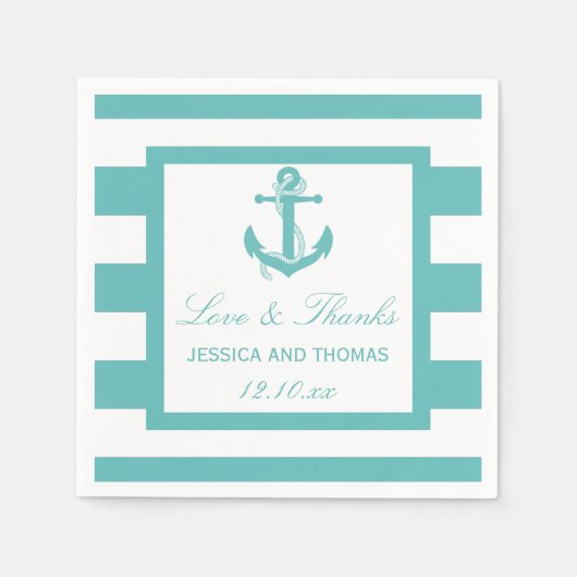 Serviette En Papier Mariage d'Ancre en bande turquoise nautique (Devant)
