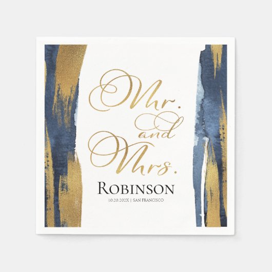 Serviette En Papier Mariage d'aquarelle | Bleu Abstrait doré (Devant)