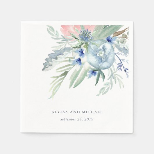 Serviette En Papier Mariage d'aquarelle bleu et rose Peony (Devant)