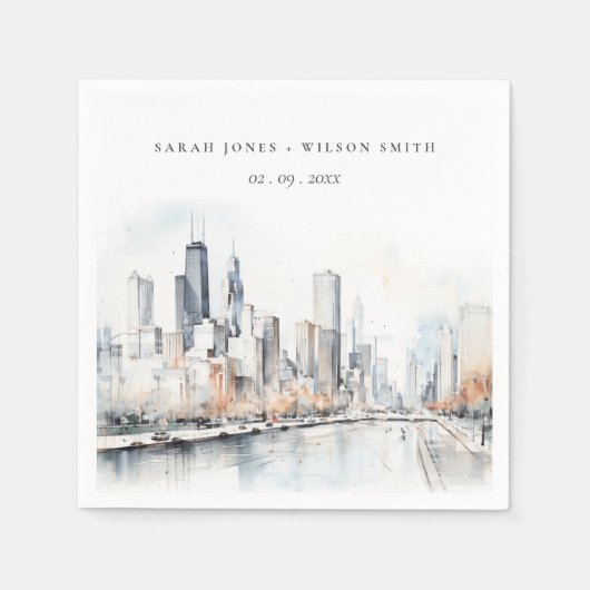 Serviette En Papier Mariage d'aquarelle de Chicago, Illinois City Scap (Devant)