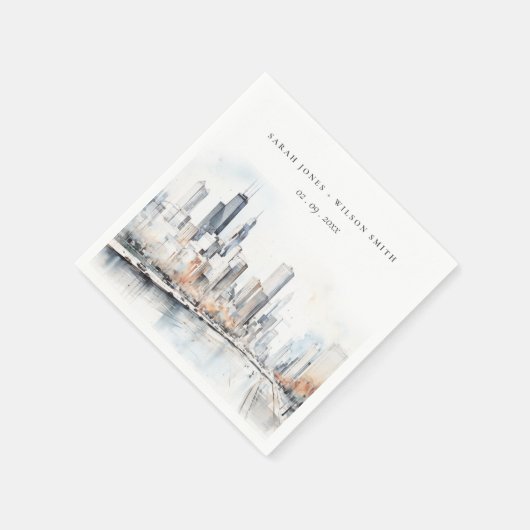 Serviette En Papier Mariage d'aquarelle de Chicago, Illinois City Scap (Coin)