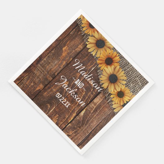 Serviette En Papier Mariage d'aquarelle de tournesol en bois rustique  (Coin)
