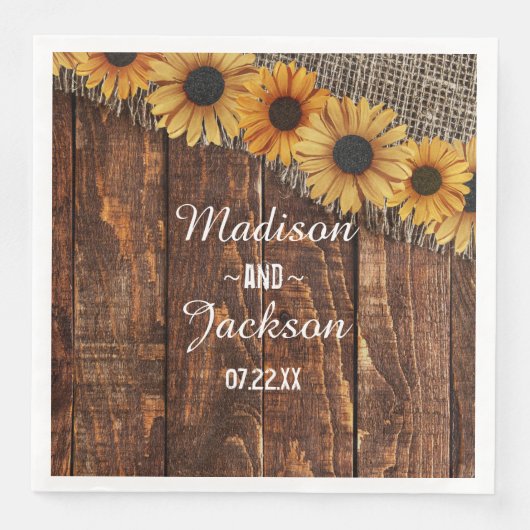 Serviette En Papier Mariage d'aquarelle de tournesol en bois rustique  (Devant)