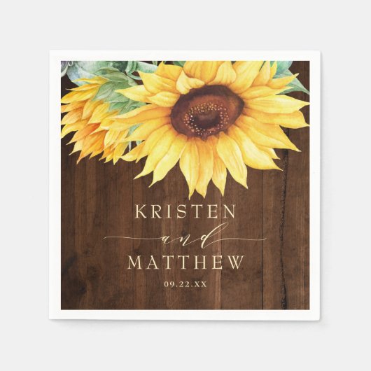 Serviette En Papier Mariage d'aquarelle de tournesol en bois rustique (Devant)