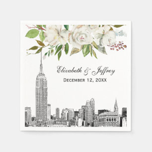 Serviette En Papier Mariage d'aquarelle florale blanche NYC Skyline ES