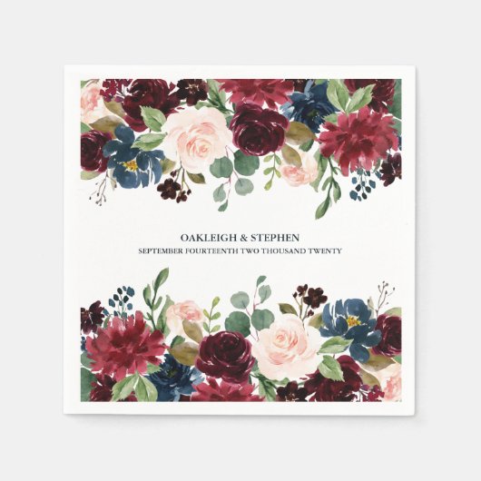 Serviette En Papier Mariage d'aquarelle florale bordeaux et rose (Devant)