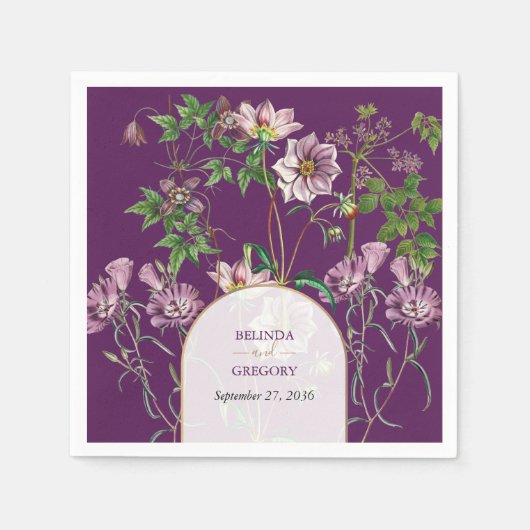 Serviette En Papier Mariage d'arc doré fleuri violet (Devant)