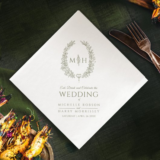 Serviette En Papier Mariage d'art monogramme de couronne ovale de feui