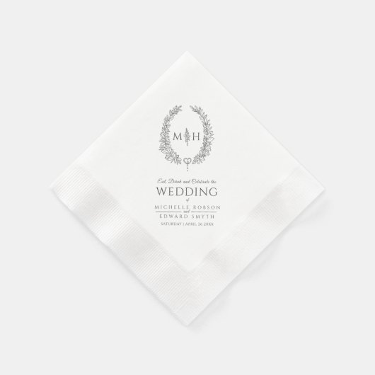 Serviette En Papier Mariage d'art monogramme de couronne ovale de feui (Coin)
