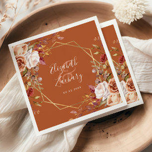 Serviette En Papier Mariage d'automne géométrique floral orange brûlé