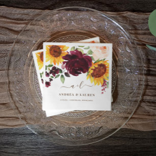 Serviette En Papier Mariage d'automne Tournesols Roses Bourgogne Vin