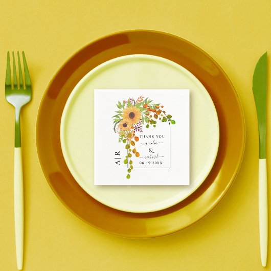 Serviette En Papier Mariage de automne de tournesol jaune, arc et init