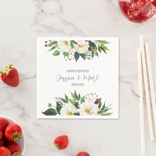 Serviette En Papier Mariage de bordure en fleurs blanches (En situation)