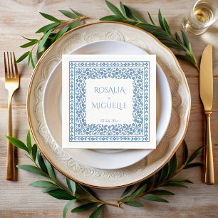 Serviette En Papier Mariage de bordure florale vintage bleu foncé