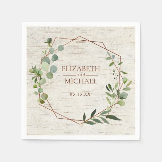 Serviette En Papier Mariage de bouleau Eucalyptus géométrique en cuivr (Devant)