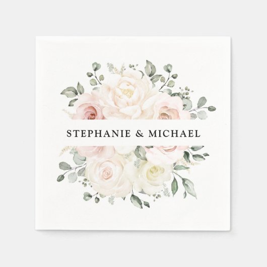 Serviette En Papier Mariage de Champagne Ivoire Rose Fleurs Vertes (Devant)