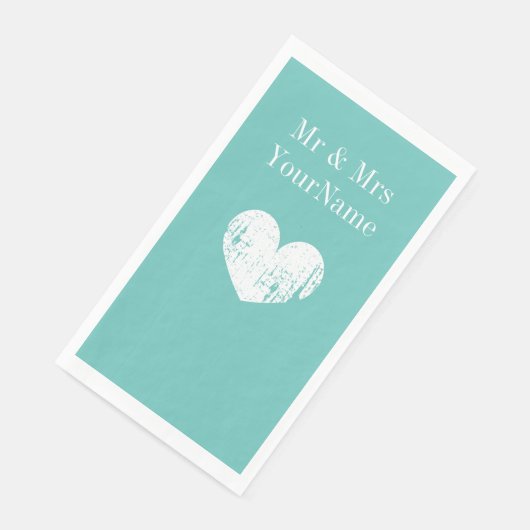 Serviette En Papier Mariage de coeur bleu turquoise personnalisé (Coin)