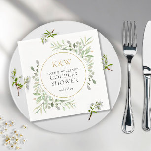 Serviette En Papier Mariage de couple avec monogramme doré et verdure
