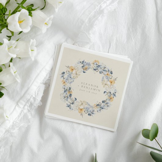 Serviette En Papier Mariage de couronnes bleu jaune Floral