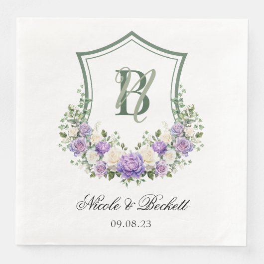 Serviette En Papier Mariage de crête florale blanche violette (Devant)