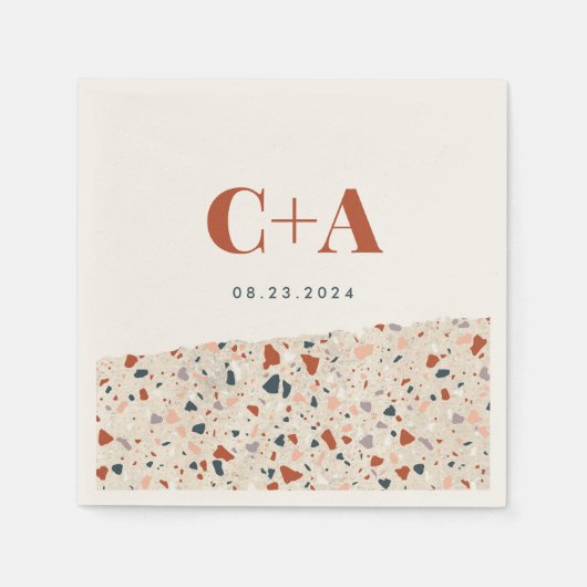 Serviette En Papier Mariage de dalle Terrazzo Monogramme et date (Devant)
