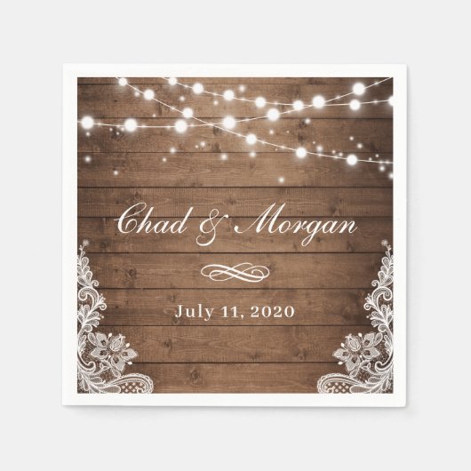 Serviette En Papier Mariage de dentelle en bois rustique (Devant)