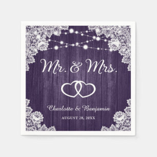 Serviette En Papier Mariage de dentelle en bois violet rustique