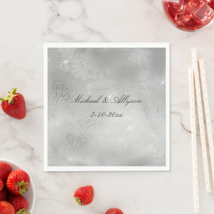 Serviette En Papier Mariage de dentelle fleurie argentée