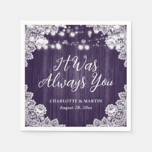 Serviette En Papier Mariage de dentelle fleurie en bois rustique viole