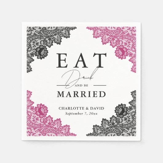 Serviette En Papier Mariage de dentelle rose et noire chaud (Devant)