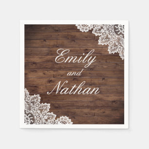 Serviette En Papier Mariage de dentelle Vintage en bois rustique