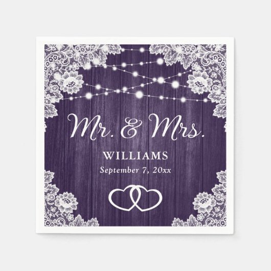 Serviette En Papier Mariage de dentelle violet rustique (Devant)