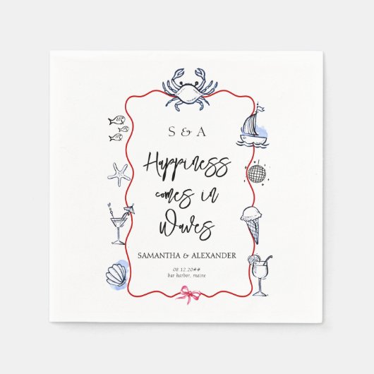Serviette En Papier Mariage de destination côtier avec Doodle de crabe (Devant)