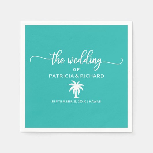 Serviette En Papier Mariage de destination Palmier Turquoise et blanc (Devant)