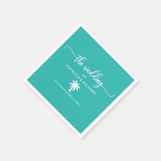 Serviette En Papier Mariage de destination Palmier Turquoise et blanc (Coin)
