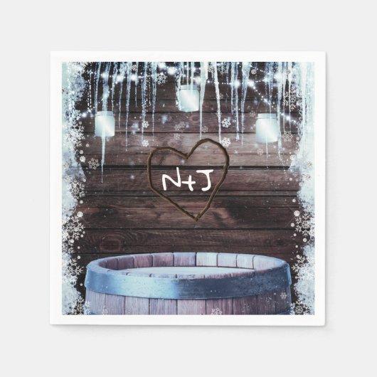 Serviette En Papier Mariage de ferme d'hiver avec tonneau en bois rust (Devant)