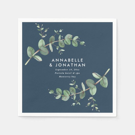 Serviette En Papier Mariage de feuillage bleu marine (Devant)