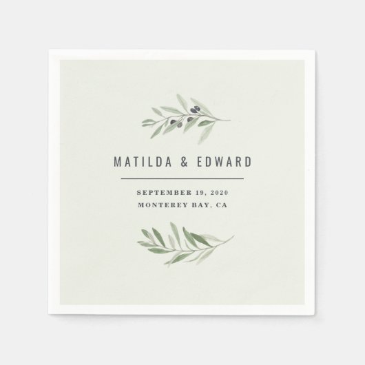 Serviette En Papier Mariage de feuillage minime d'olivier moderne (Devant)
