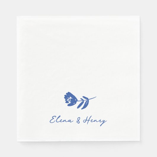 Serviette En Papier Mariage de fleurs blanches à main bleue (Devant)