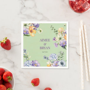 Serviette En Papier Mariage de fleurs d'aquarelle verte