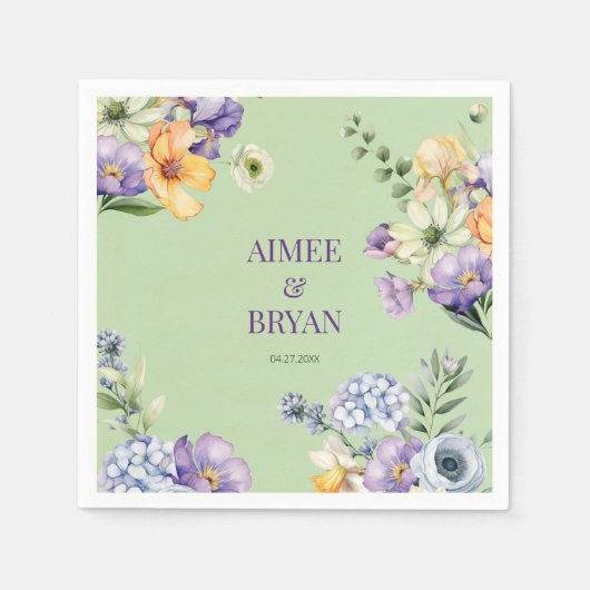 Serviette En Papier Mariage de fleurs d'aquarelle verte (Devant)