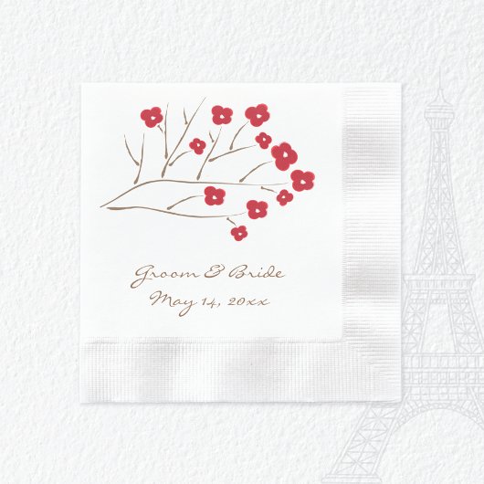 Serviette En Papier Mariage de fleurs de cerisiers rouges de branche d