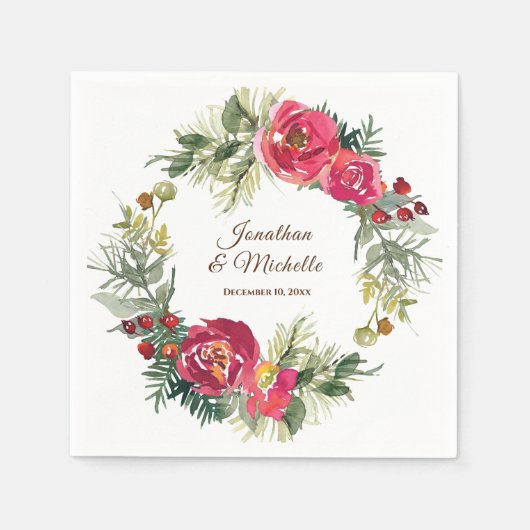 Serviette En Papier Mariage de fleurs de Noël rose rouge (Devant)